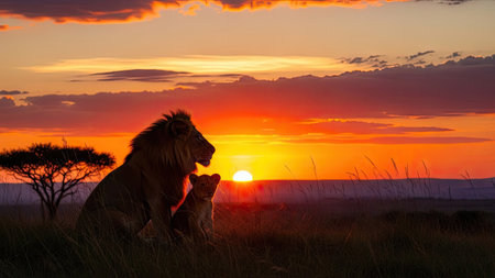 A lion and its cub are silhouetted against a stunning sunset backdrop. The warm color palette showcases orange and red hues in the sky with hints of a grassy foreground. This image, with its dramatic lighting, is suitable for various nature-themed publications and advertising projects.の素材