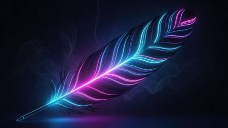 A vibrant illustration features a single feather illuminated with neon blue and pink lines against a deep black backdrop. The artwork showcases detailed textures and a digitally created style. The composition suggests a sense of fantasy, suitable for various design applications and editorial purposes.の素材