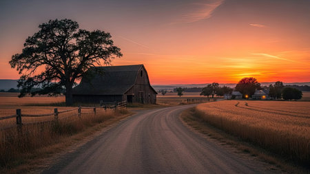 A rural scene depicts an aged barn situated along a pathway, complemented by a large tree under a vibrant sunset. The composition showcases warm colors, a vast sky, and subtle texture throughout the scene. This image could serve various purposes, including editorial content or promotional materials for travel or agricultural topics.の素材