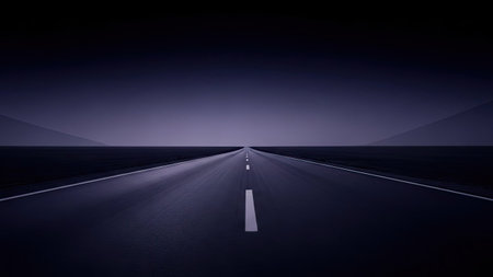 An illustration depicts a road extending towards a distant horizon. The image features a symmetrical composition with a dark, muted color palette. The road's surface reflects ambient light, contrasting with the dark background. This image could be used for various commercial projects and editorial designs.の素材