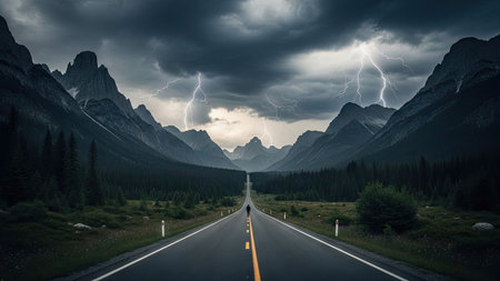 A long road stretches into a mountain range under a stormy sky. The scene features a solitary figure on the road, flanked by dark green forests. Overhead, bolts of lightning illuminate the rugged peaks and dark clouds. This dramatic visual could be utilized for various commercial and editorial projects.の素材