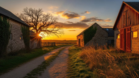 A rural scene showcases several weathered barns alongside a dirt path. The setting sun casts a warm golden hue across the sky, highlighting the silhouettes of the structures. Grass and bare trees add texture. This picturesque image may be suitable for illustrating countryside themes, travel, or landscape designs.の素材