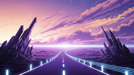 An illustration depicts a road extending towards a horizon beneath a dynamic sky. The artwork features sharp, crystal-like structures framing the path. Vivid purple, blue, and pink hues blend to create a striking aesthetic, reminiscent of digital art. This image is suitable for various commercial purposes, including website design and marketing materials.の素材