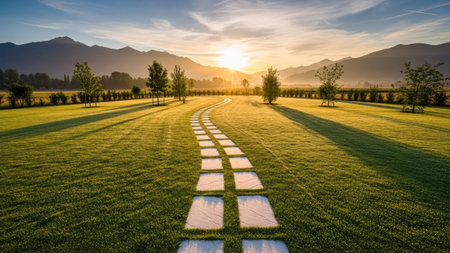 A stone pathway guides the eye towards a setting sun over rolling mountains. Lush green grass and small trees line the pathway, illuminated by warm sunlight. This landscape photograph showcases a natural environment. Suitable for various editorial and commercial applications.の素材