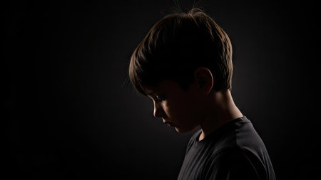 This image presents a profile silhouette of a young individual against a dark backdrop. The composition is characterized by high contrast, with the subject's form partially illuminated. The style suggests a studio setting, suitable for conceptual, educational, or thematic projects. The simple background offers copy space for various creative applications.の素材
