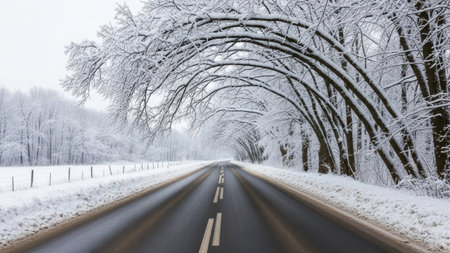 An asphalt road extends through snow-covered trees, creating an archway effect. The composition is symmetrical, with a slightly overcast sky in the background. The scene suggests a winter environment, possibly suitable for editorial use or as a backdrop. Soft lighting and natural textures enhance the overall atmosphere.の素材
