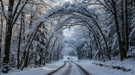 A snow-covered road winds through a forest where trees are heavily laden with snow. The composition showcases an arched canopy formed by the branches overhead. The image features a cool color palette with daylight illumination. This landscape scene could be suitable for editorial or commercial purposes.の素材