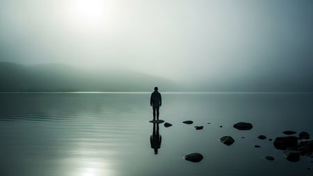 A person stands in calm water, their silhouette reflected in the surface. The scene features muted blues and grays, with a foggy atmosphere obscuring the background. The minimalist composition emphasizes solitude. Suitable for conceptual illustrations, editorial content, and various design applications.の素材