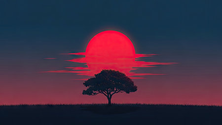An illustration depicts a solitary tree silhouetted against a dramatic sunset. The sky transitions from deep blue to vibrant red hues, with the sun partially obscured by clouds. The composition is clean and graphic, suggesting a digital artwork suitable for a range of commercial applications.の素材