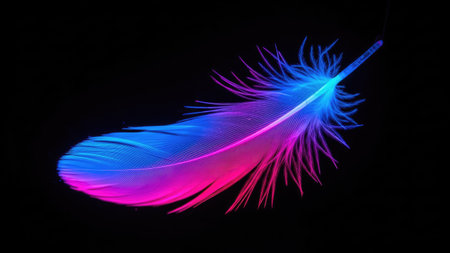 A single, digitally rendered feather is illuminated with a spectrum of vivid neon colors. The subject is set against a stark black background, highlighting the feather's delicate details and ethereal glow. Its smooth texture and artistic composition lend itself to diverse design applications, including illustrations and decorative elements.の素材