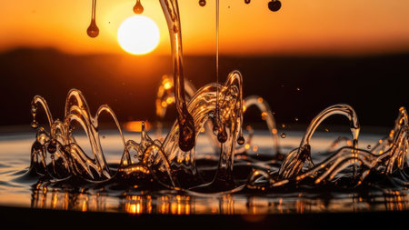 Captured water droplets create dynamic formations against a vibrant sunset. The image highlights liquid patterns, light refraction, and artistic effects. It showcases a natural environment with warm colors, suitable for illustrations, advertisements, and creative design projects. This could be used in various commercial and editorial applications.の素材