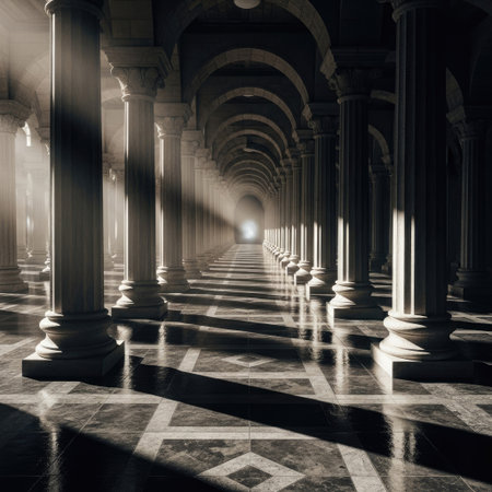 An architectural image showcases a long colonnade with arched ceilings. Sunlight streams through the arches, casting dramatic shadows and illuminating the marble floor. The composition uses symmetry and perspective to draw the eye towards a distant light source. Suitable for various editorial and commercial applications.の素材