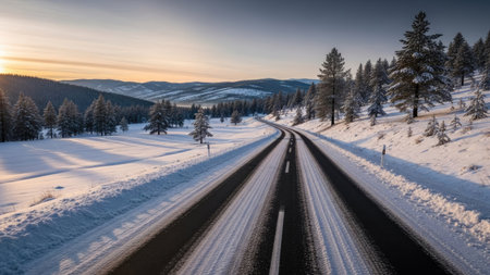 An asphalt road carves through a snow-covered landscape under a clear sky. Evergreen trees line the roadside, contrasted by the white snow. The lighting suggests either sunrise or sunset, and the composition directs the viewer's eye along the road toward the horizon. Suitable for commercial purposes, illustrating travel or seasonal themes.の素材