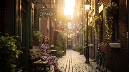 A woman is seated on a wooden bench in a narrow alleyway. The scene is bathed in warm sunlight, creating highlights and shadows on the brick buildings. A cafe sign hangs above, and string lights add to the ambiance. This image may be suitable for travel, lifestyle, or commercial applications.の素材