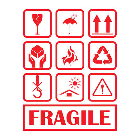 Fragile flat icon with crack and black frame isolated on white background. Fragile package symbol. Label vector illustrationのイラスト素材