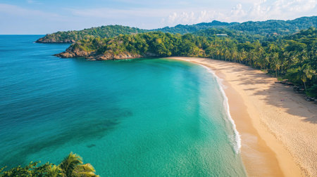 Serene beach with clear waters and lush greenery.の素材