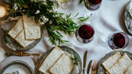 Elegant dining setup with wine and matzah.の素材