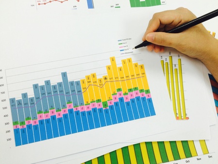 Business success concept of the hand on garph performance report
