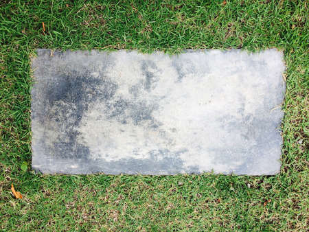 Brick wall background rests on green grass with copy spaceの素材