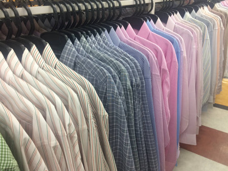 row of working shirt hanging orderly on cloth shopの素材
