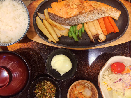 Grilled salmon with salt , Japan foods and cuisine conceptstyleの素材