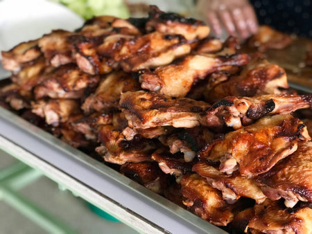 close up arrang for serve of Hainanese chicken rice, grill chicken and white riceの素材