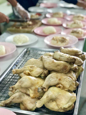 close up arrang for serve of hainanese chicken rice, steamed chicken and white riceの素材