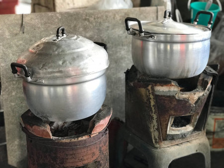 close up Steamer by stove  charcoal, Antique local kitchenの素材