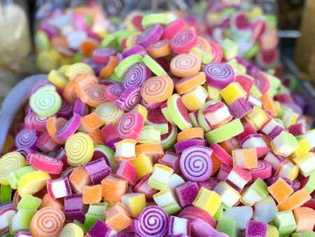 close up colorful candy show case for sell in the marketの素材