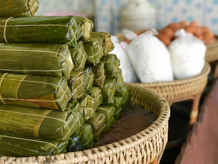 close up vietnamese pork sausage preparing for cooking in food shopの素材