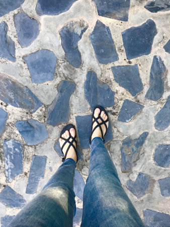 Standing on the vintage  groundfloor, walking street concept,relax your feet by take a some trip for...