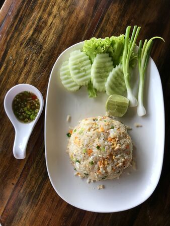 top view of  pork fried rice, ready to eat and quick cooking foodの写真素材
