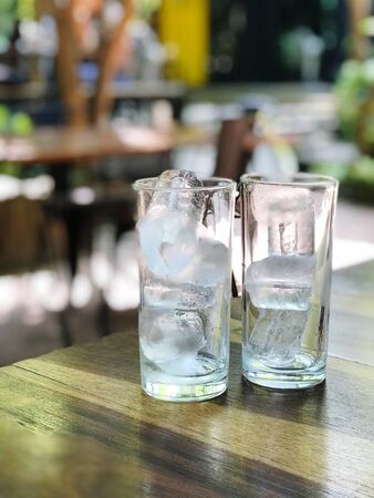 Ice cubes placed on the table to wait to serve customers who dine in the shop