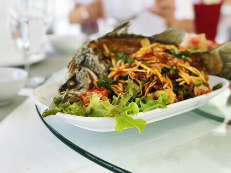 Close up of Thai cuisine foods in the restaurant