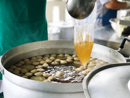Meatball in noodle soup, prepare noodle ingredient in cooking kitchen, food and cuisine travel