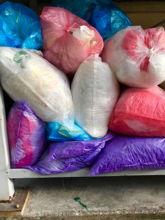 Unused plastic bags in industrial production, stacking classes, waiting for disposal