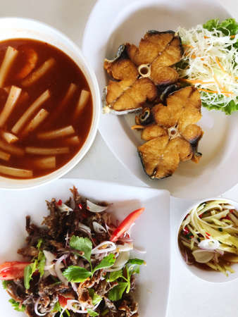 top view Thai cuisine foods on disc for serve , food travel concept