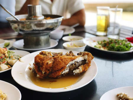 Fried Fish with Fish Sauc (Pla Tod Num pla), food travel and cuisineの写真素材