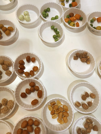Sample food placed on the tray for sensory testing, food exhibition ,cuisine and food travel concept