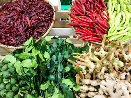 Chili, galangal, lemongrass, kaffir lime leaves are Thai herbs used in cooking, healthy agricultural products.の写真素材