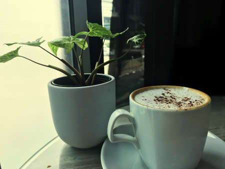 A cup of cappuccino is placed on the table in a cafe atmosphere.