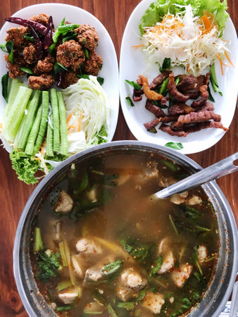 top view of decoration food on the table, Thai cuisine foods in the returant , food travel concept
