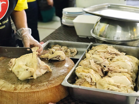 close up arrang for serve of hainanese chicken rice, steamed chicken and white riceの写真素材