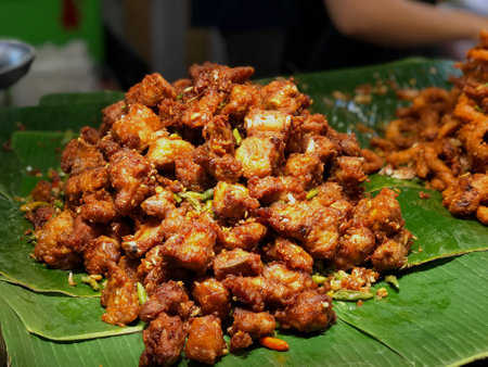 Fried pork for sell in the foods market, street food in Thailandの写真素材