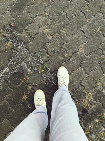 Standing on the vintage&nbsp;groundfloor, walking street concept,relax your feet by take a some trip...