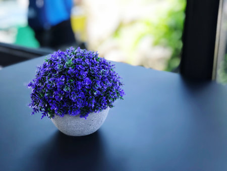 Flower pot on the table in coffee shop with nature background.