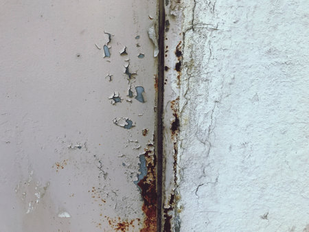 rusty metal plate with rust and peeling paint on white wall