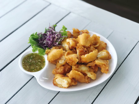 Fried squid with sweet and sour sauce on white wooden table.の写真素材