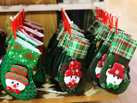 Handmade Christmas ornaments on shelf in store, closeup