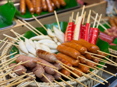 Grilled sausage on bamboo stick at street food market, Thailand.の写真素材